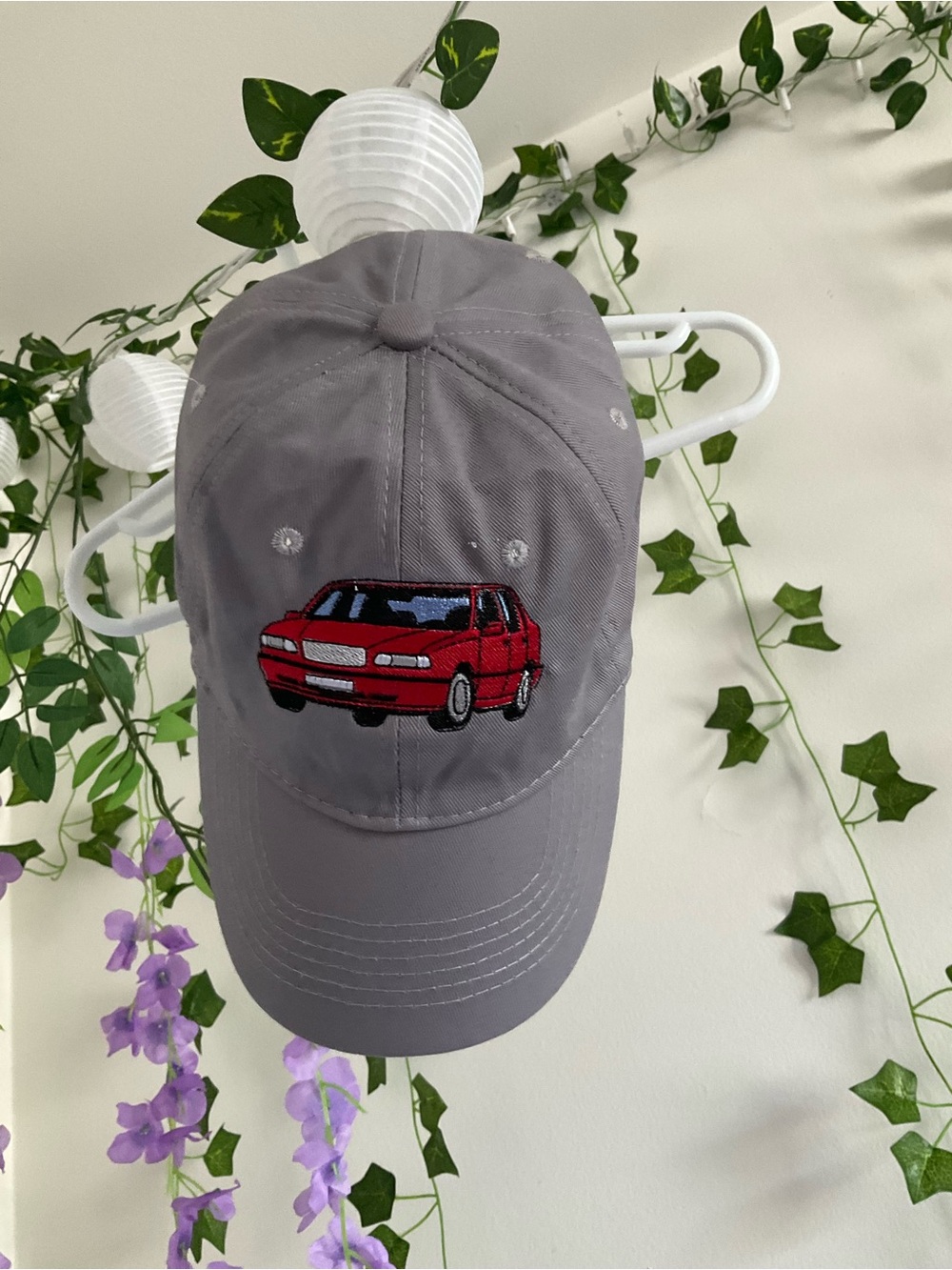 Gray Kids Baseball Cap with Red Car Embroidery